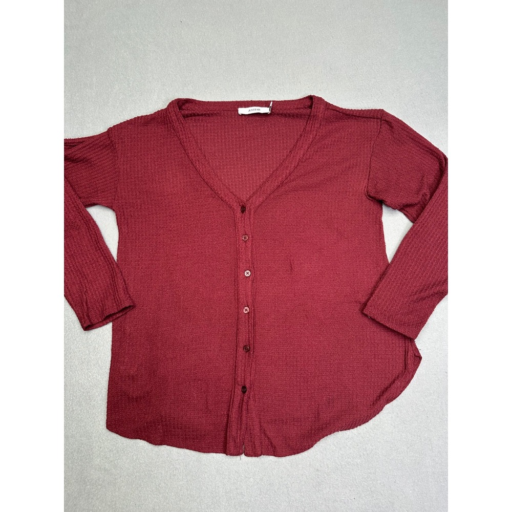 JustFab‎ Womens Burgundy Waffle Knit Button Front V-Neck Cardigan Top Medium